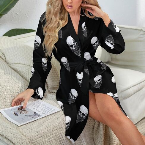 Bandana Skull Women's Print Robe Long Sleeve Belted Night Robes Sleepwear Loungewear in Saudi Arabia
