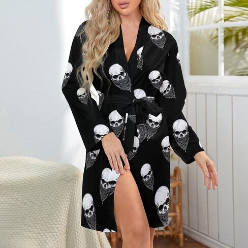 Bandana Skull Women's Print Robe Long Sleeve Belted Night Robes Sleepwear Loungewear in Saudi Arabia
