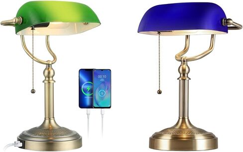 Newrays USB منفذ شحن سريع مصباح مكتب المصرفيين الزجاجي الأخضر ومصباح مكتب المصرفيين الزجاجي الأزرق in Kuwait