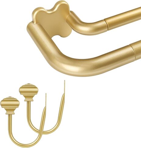 USFOOK Gold Wrap Around Double Curtain Rods 32 to 58 and 2 Pack Gold Curtain Holdbacks with Square Finials(Bundles) in Saudi Arabia