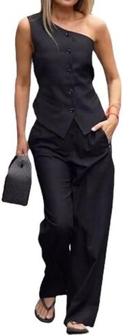 2 قطعة ملابس نسائية كتف واحد سترة بلا أكمام سترة مع السراويل بدلة رسمية البدلات الرسمية للنساء in Kuwait