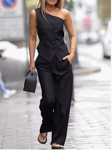 2 قطعة ملابس نسائية كتف واحد سترة بلا أكمام سترة مع السراويل بدلة رسمية البدلات الرسمية للنساء in Kuwait