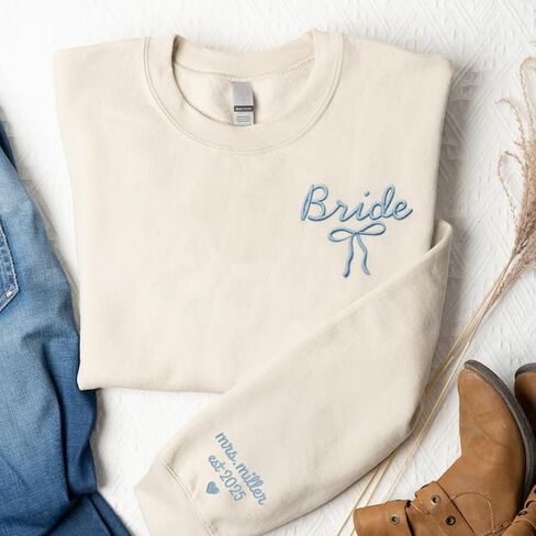 Luxury Custom Embroidered Bride Sweatshirt Hoodies, Future Mrs Sweatshirt, Personalized Last Name and Date on Sleeve, Bide To Be Gifts, Wedding Engagement Mr & Mrs Gift in Saudi Arabia