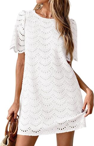 PRETTYGARDEN Women's 2026 Summer Casual Short Dresses Embroidered Lace Short Sleeve Boho Mini Dress Beach Vacation Clothes in Saudi Arabia