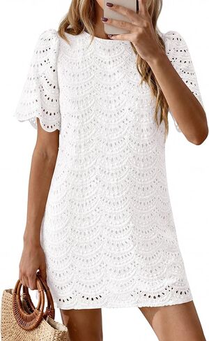 PRETTYGARDEN Women's 2026 Summer Casual Short Dresses Embroidered Lace Short Sleeve Boho Mini Dress Beach Vacation Clothes in Saudi Arabia