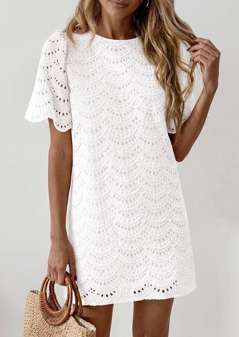 PRETTYGARDEN Women's 2026 Summer Casual Short Dresses Embroidered Lace Short Sleeve Boho Mini Dress Beach Vacation Clothes in Saudi Arabia