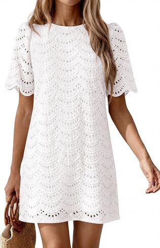 PRETTYGARDEN Women's 2026 Summer Casual Short Dresses Embroidered Lace Short Sleeve Boho Mini Dress Beach Vacation Clothes in Saudi Arabia