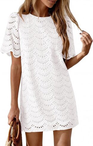 PRETTYGARDEN Women's 2026 Summer Casual Short Dresses Embroidered Lace Short Sleeve Boho Mini Dress Beach Vacation Clothes in Saudi Arabia