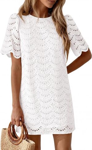 PRETTYGARDEN Women's 2026 Summer Casual Short Dresses Embroidered Lace Short Sleeve Boho Mini Dress Beach Vacation Clothes in Saudi Arabia