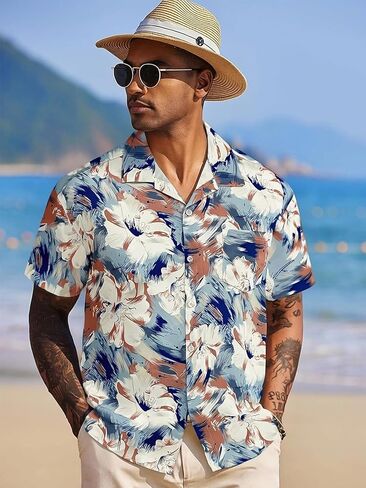 Men's Daily Short Sleeve Shirt, Floral Print Resort Style Casual Lightweight Breathable for Travel & Sports in Saudi Arabia