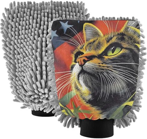 AIXIWAWA Cat USA Print Car Wash Mitt قفاز غسيل مقاوم للخدش وماص للماء، عبوة من قطعتين متوسطة الحجم in Saudi Arabia