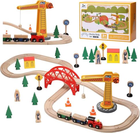 SainSmart Jr. Wooden Train Set for Toddler, 78 PCS Wood Train Track with 4 Cars Fits Brio, Thomas, Melissa and Doug, Gift Packed Toy Railway Kit for Kids Ages 3+ in Saudi Arabia