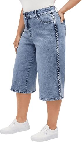 Women's Plus Size Wide Leg Capri Jeans with Braided Side Stripe, High Waisted Stretchy Baggy Boyfriend Curvy Jeans in Saudi Arabia