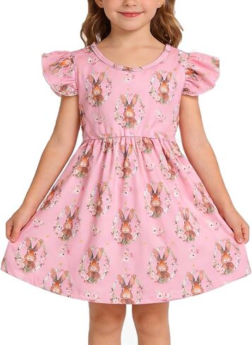 Toddler Girls Easter Dress Bunny Rabbit Easter Eggs Print Dresses Flutter Sleeve Clothes 3-8Y in Kuwait