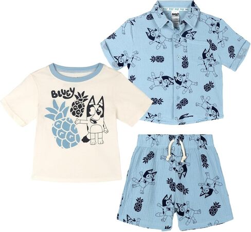 Bluey Cotton Gauze Button Down Shirt, T-Shirt and Shorts 3 Piece Outfit Set Infant to Little Kid Sizes (12 Months - 7-8) in Saudi Arabia