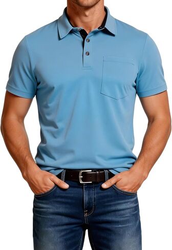 قمصان بولو جولف للرجال خالية من التجاعيد بأكمام قصيرة ومناسبة للأعمال غير رسمية وقمصان ذات ياقة متباينة بعامل حماية من الأشعة فوق البنفسجية 30+ in Kuwait