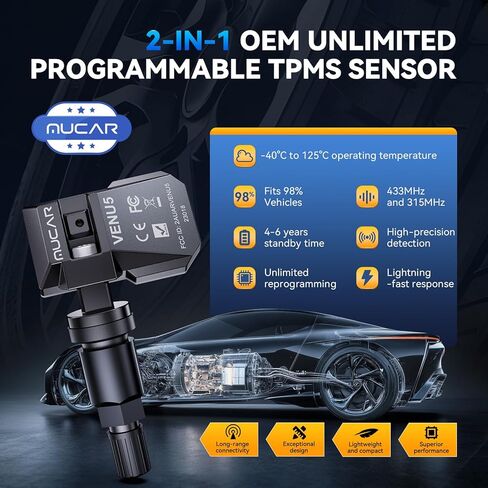 مستشعر MUCAR TPMS 4 قطع مستشعر ضغط الإطارات MUCAR VENU5، مستشعر عالمي 2 في 1 433/315 ميجا هرتز OEM TPMS، برمجة غير محدودة لـ MUCAR T261 وVENU I-Pro فقط، يناسب 98% من المركبات in Kuwait