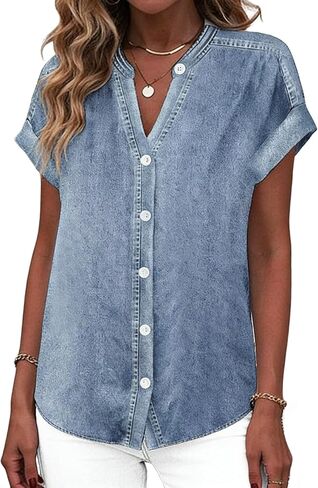 قميص جينز نسائي كاجوال من LOZ برقبة على شكل حرف V وأكمام قصيرة وأزرار سفلية، قمصان فضفاضة للربيع والصيف in Kuwait