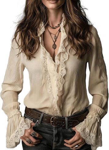 Women's Vintage Ruffle Lace Trim Blouse Elegant Button Down Long Sleeve Collared Shirts Dressy Casual Work Tops in Saudi Arabia