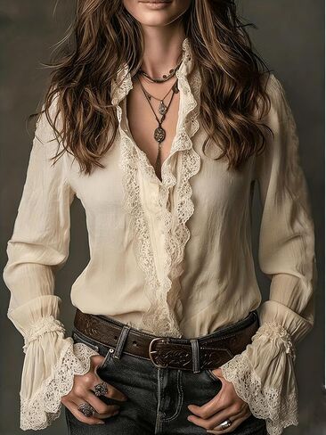 Women's Vintage Ruffle Lace Trim Blouse Elegant Button Down Long Sleeve Collared Shirts Dressy Casual Work Tops in Saudi Arabia