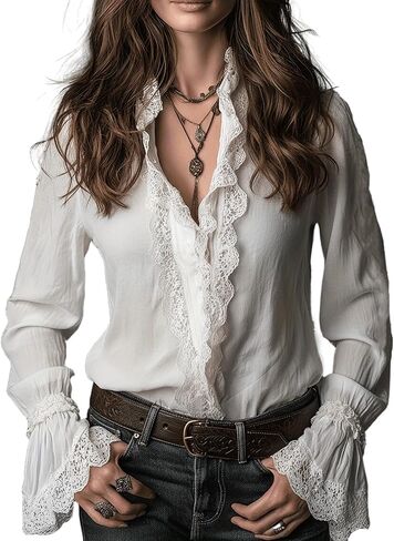 Women's Vintage Ruffle Lace Trim Blouse Elegant Button Down Long Sleeve Collared Shirts Dressy Casual Work Tops in Saudi Arabia