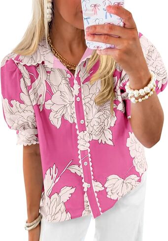 Cicy Bell Womens Puff Sleeve Button Down Shirts Floral Print Summer Casual Tops Boho Loose Fit Collared Blouse in Saudi Arabia
