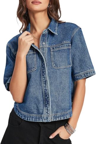 Kedera Women Denim Shirt Tops Short Sleeve Button Down Casual Jean Coat Trendy Jacket Shacket in Saudi Arabia