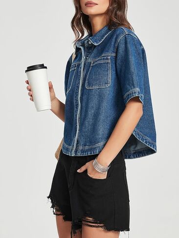 Kedera Women Denim Shirt Tops Short Sleeve Button Down Casual Jean Coat Trendy Jacket Shacket in Saudi Arabia