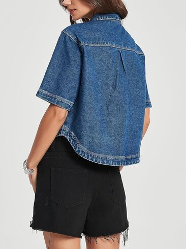 Kedera Women Denim Shirt Tops Short Sleeve Button Down Casual Jean Coat Trendy Jacket Shacket in Saudi Arabia