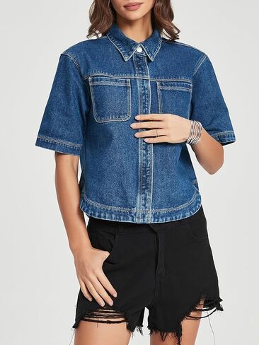 Kedera Women Denim Shirt Tops Short Sleeve Button Down Casual Jean Coat Trendy Jacket Shacket in Saudi Arabia