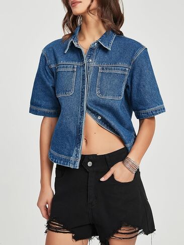 Kedera Women Denim Shirt Tops Short Sleeve Button Down Casual Jean Coat Trendy Jacket Shacket in Saudi Arabia