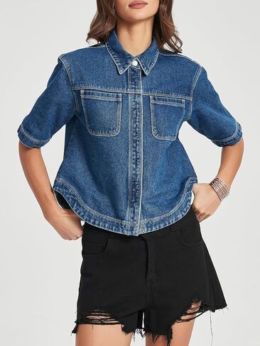 Kedera Women Denim Shirt Tops Short Sleeve Button Down Casual Jean Coat Trendy Jacket Shacket in Saudi Arabia