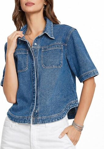 Kedera Women Denim Shirt Tops Short Sleeve Button Down Casual Jean Coat Trendy Jacket Shacket in Saudi Arabia