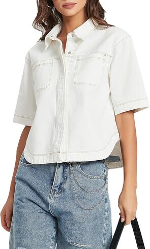 Kedera Women Denim Shirt Tops Short Sleeve Button Down Casual Jean Coat Trendy Jacket Shacket in Saudi Arabia