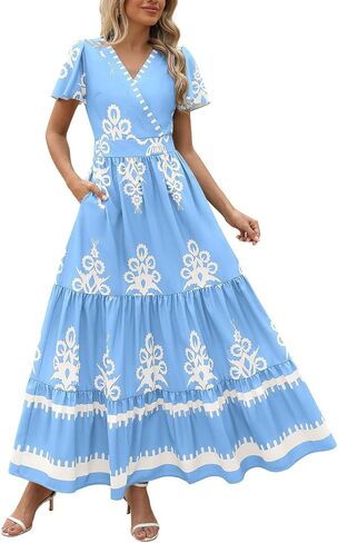 Women's 2026 Y2K Summer Beach Dress Floral Maxi V-Neck Boho Wrap Bell Sleeve Tiered for Casual Vacation in Saudi Arabia