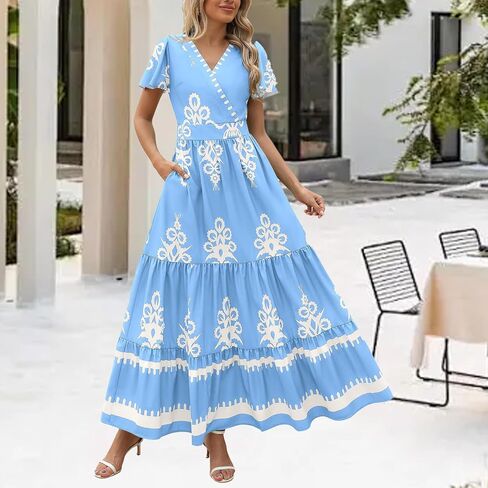 Women's 2026 Y2K Summer Beach Dress Floral Maxi V-Neck Boho Wrap Bell Sleeve Tiered for Casual Vacation in Saudi Arabia