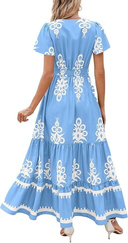Women's 2026 Y2K Summer Beach Dress Floral Maxi V-Neck Boho Wrap Bell Sleeve Tiered for Casual Vacation in Saudi Arabia