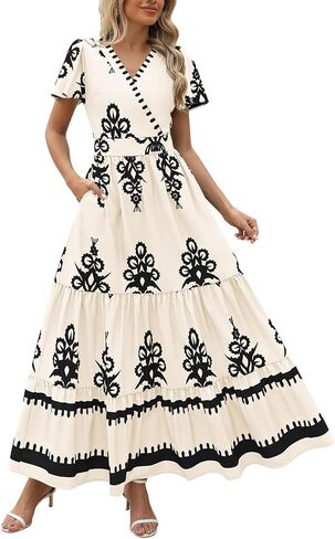 Women's 2026 Y2K Summer Beach Dress Floral Maxi V-Neck Boho Wrap Bell Sleeve Tiered for Casual Vacation in Saudi Arabia