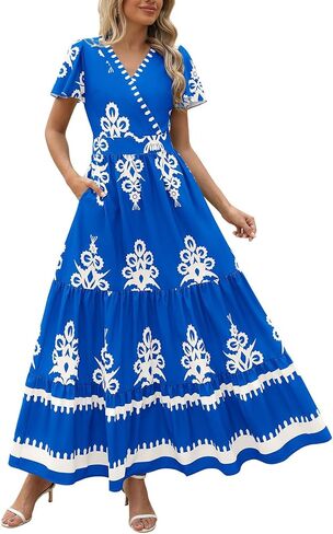 Women's 2026 Y2K Summer Beach Dress Floral Maxi V-Neck Boho Wrap Bell Sleeve Tiered for Casual Vacation in Saudi Arabia