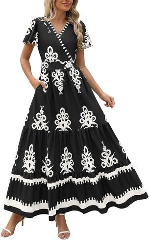Women's 2026 Y2K Summer Beach Dress Floral Maxi V-Neck Boho Wrap Bell Sleeve Tiered for Casual Vacation in Saudi Arabia
