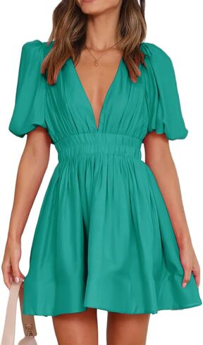 Women's 2026 Casual Summer Mini Dress Puff Sleeve V-Neck Deep V High Waist Elastic A-Line Flowy Swing Flare in Saudi Arabia