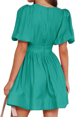 Women's 2026 Casual Summer Mini Dress Puff Sleeve V-Neck Deep V High Waist Elastic A-Line Flowy Swing Flare in Saudi Arabia