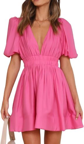 Women's 2026 Casual Summer Mini Dress Puff Sleeve V-Neck Deep V High Waist Elastic A-Line Flowy Swing Flare in Saudi Arabia