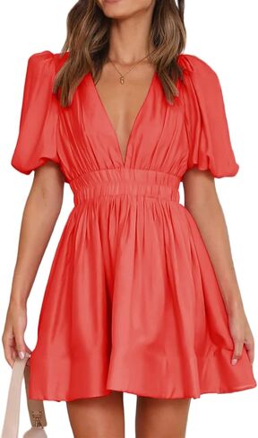 Women's 2026 Casual Summer Mini Dress Puff Sleeve V-Neck Deep V High Waist Elastic A-Line Flowy Swing Flare in Saudi Arabia