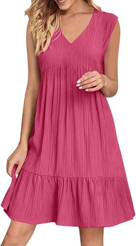 Women's 2026 Boho Beach Vacation Mini Dress Patchwork Sundress V-Neck Sleeveless Pleated Ruffle Crinkle Gauze in Saudi Arabia