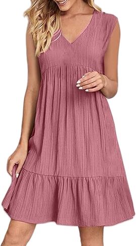 Women's 2026 Boho Beach Vacation Mini Dress Patchwork Sundress V-Neck Sleeveless Pleated Ruffle Crinkle Gauze in Saudi Arabia