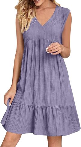 Women's 2026 Boho Beach Vacation Mini Dress Patchwork Sundress V-Neck Sleeveless Pleated Ruffle Crinkle Gauze in Saudi Arabia