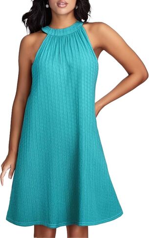 Women's Casual Summer Vacation Dress Halter Eyelet Mini Beach Cover Up Sleeveless Floral Lace Sundress with Pockets in Saudi Arabia