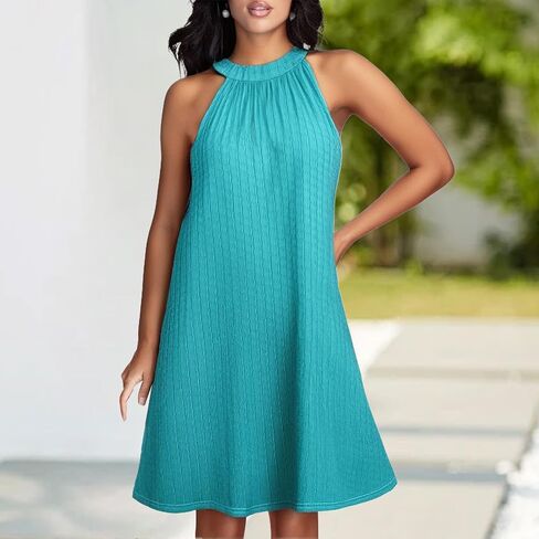 Women's Casual Summer Vacation Dress Halter Eyelet Mini Beach Cover Up Sleeveless Floral Lace Sundress with Pockets in Saudi Arabia