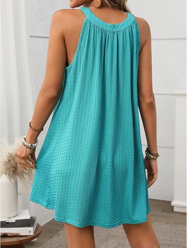 Women's Casual Summer Vacation Dress Halter Eyelet Mini Beach Cover Up Sleeveless Floral Lace Sundress with Pockets in Saudi Arabia